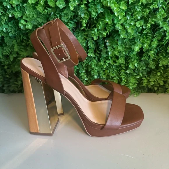 Aldo Priyah 1091435 Chestnut with Wood & Gold Block Heels Women's Size 11 - Picture 3 of 14
